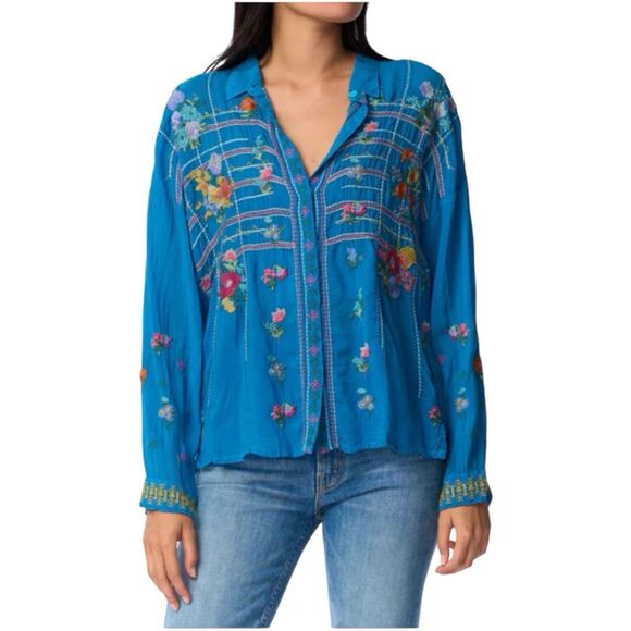 A14 Johnny Was RENN Cupra Rayon Blue Button Down Shirt Sz M RV $459 - Picture 1 of 11